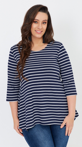 Dunkelblaue Damen Tunika, lose, elegante Bluse mit weißen Streifen