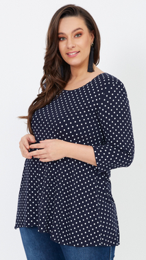 Lose dunkelblaue Damenbluse Tunika mit weißen Tupfen / Polka Dots