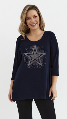 Navy blue women's tunic, loose blouse, elegant viscose star