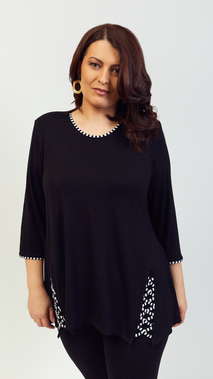 Black elegant women's tunic decorated with a unique braid with black and white stripes