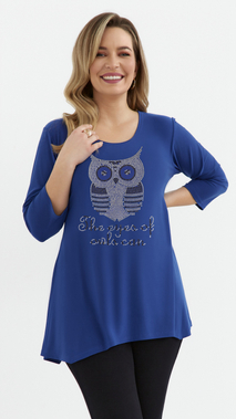 Cornflower blue women's loose tunic blouse with a viscose owl application