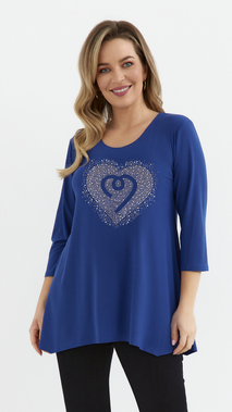 Cornflower blue women's tunic, loose blouse, elegant viscose heart