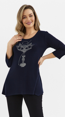 Navy blue women's tunic, loose, elegant blouse with an application cat