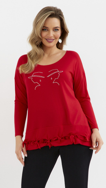 Red women's loose, elegant blouse with an application