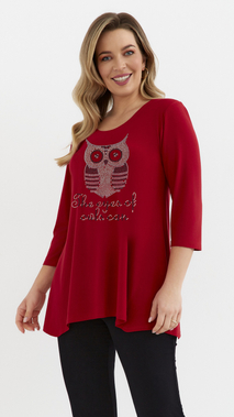 Red women's loose tunic blouse with a viscose owl application