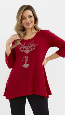 Red women's tunic, loose, elegant blouse with an application cat