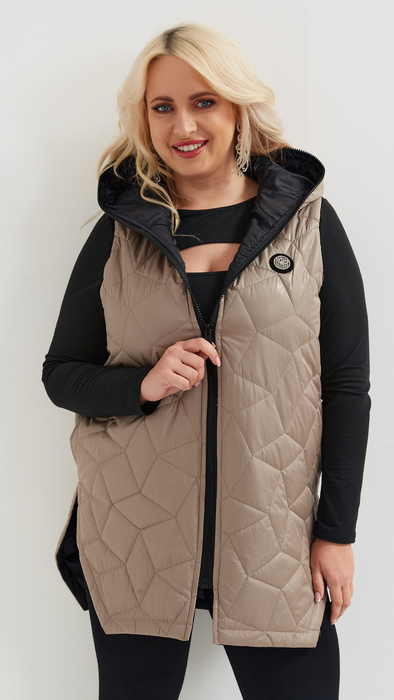 Beige long sleeveless quilted vest
