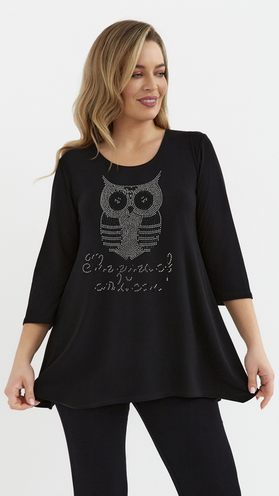 Black women's loose tunic blouse with a viscose owl application