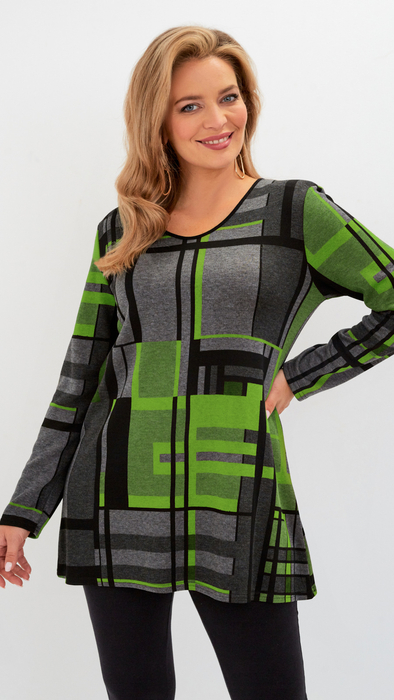 Gray warm autumn women's tunic with green motifs