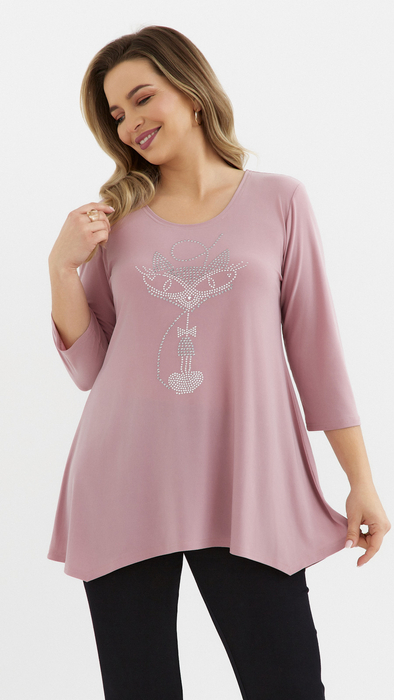 Powder pink women's tunic, loose, elegant blouse with an application cat