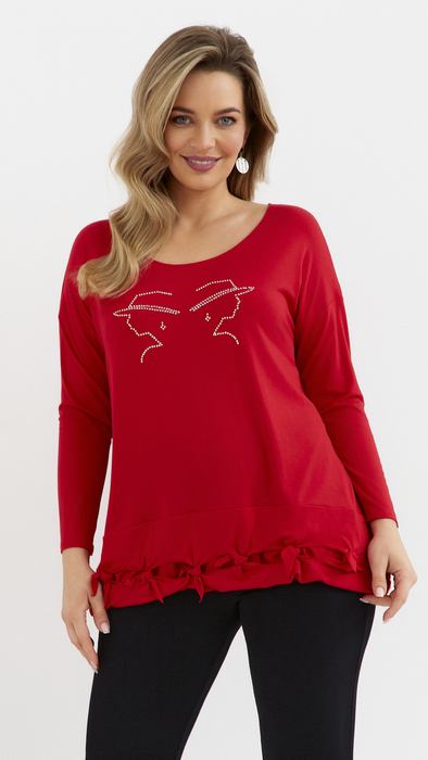 Red women's loose, elegant blouse with an application
