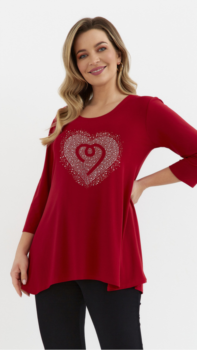 Red women's tunic, loose blouse, elegant viscose heart