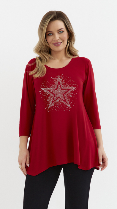 Red women's tunic, loose blouse, elegant viscose star