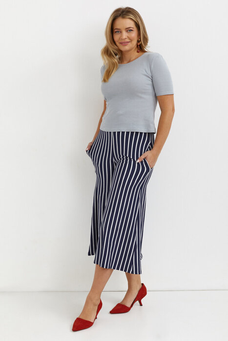 Women's flared trousers, wide, loose trousers with white and navy blue stripes