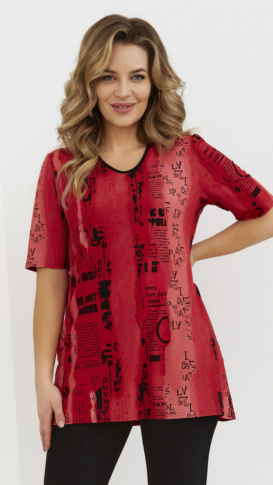 Women's red tunic, flared blouse with print