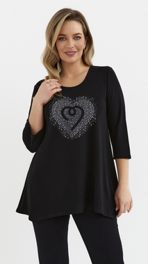 Schwarze lockere Tunika-Bluse für Damen mit Viskose-Herzapplikation