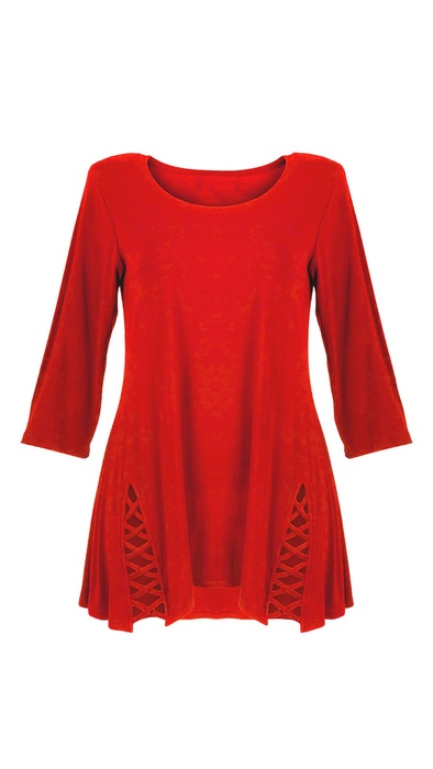 Red women's tunic decorated with a unique braid made of trimmings