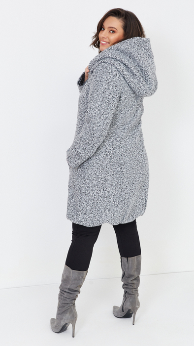 Light gray warm elegant women's coat with hood Bouclé