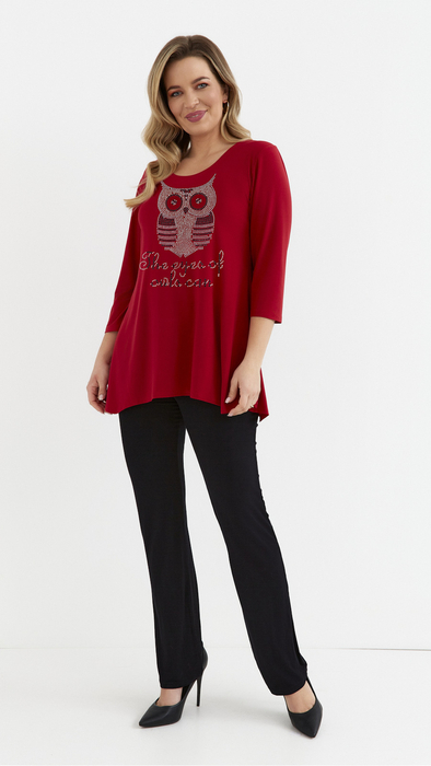 Rote, lockere Tunika-Bluse für Damen mit Viskose-Eulen-Applikation