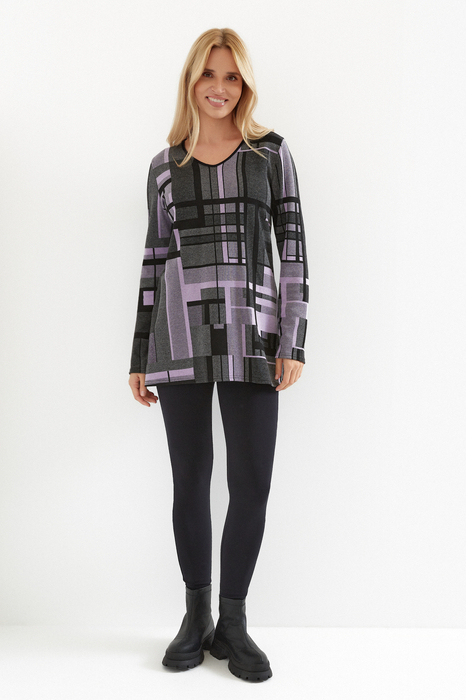 Warme graue Damen-Herbsttunika mit fliederfarbenen Motiven
