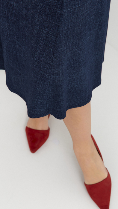 Dunkelblaue ausgestellter Midirock für Damen im Jeans-Stil