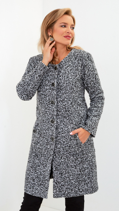 Grauer Bouclé-Mantel für Damen mit Knöpfen für den Frühling und Herbst