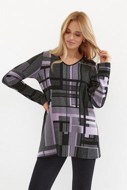 Warme graue Damen-Herbsttunika mit fliederfarbenen Motiven