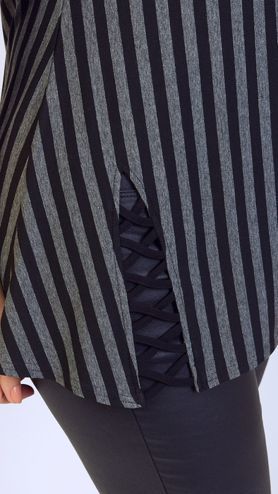 Gray and black elegant women's tunic decorated with a unique braid made of trimmings