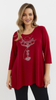 Rote Damentunika, lockere, elegante Bluse mit Applikation Katze
