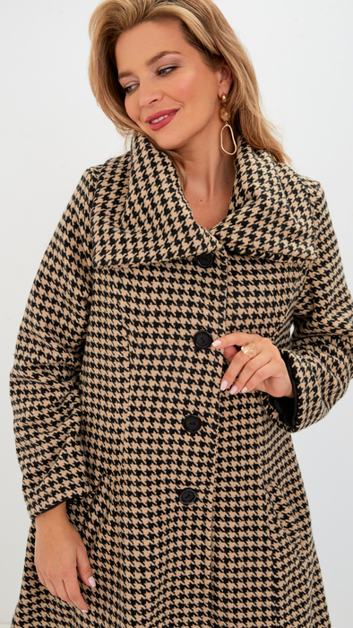 Beige and black women's elegant winter coat with a collar