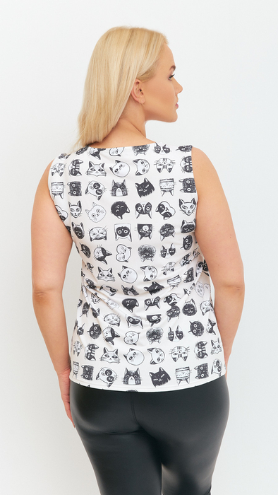 Women's elegant sleeveless blouse with a cat pattern