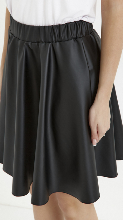 Women's black leather flared mini skirt