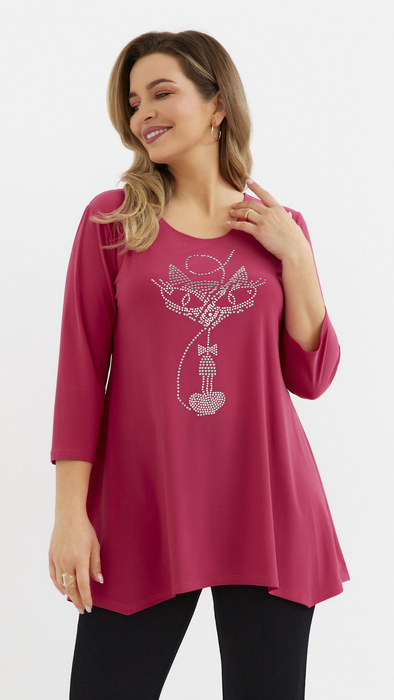 Amaranth Damentunika, lockere, elegante Bluse mit Applikation Katze