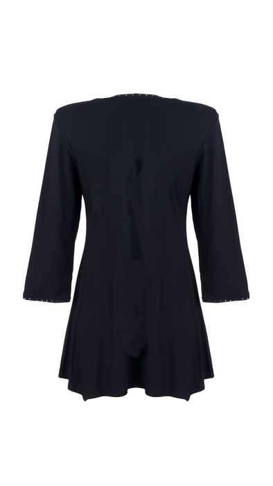 Czarna elegancka tunika damska zdobiona unikalnym warkoczem w białe kropki