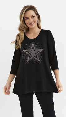 Black women's tunic, loose blouse, elegant viscose star
