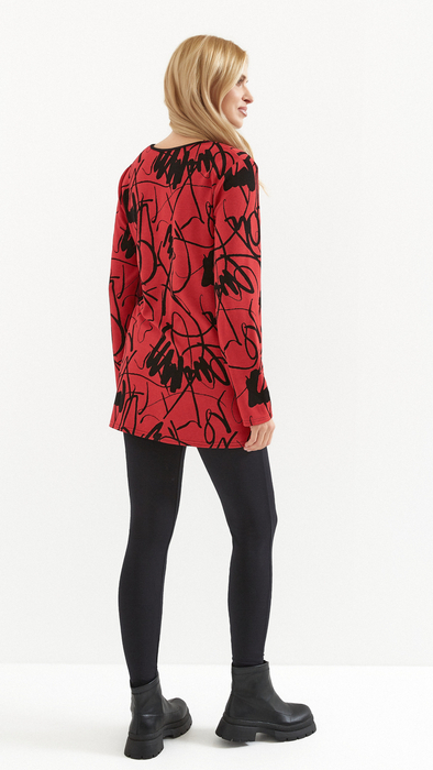 Warm red women's autumn tunic, thick knit, original pattern