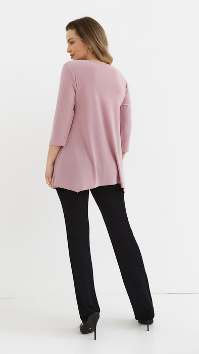 Powder pink women's tunic, loose, elegant blouse with an application cat