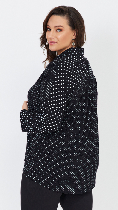 Elegant black shirt blouse with white polka dots