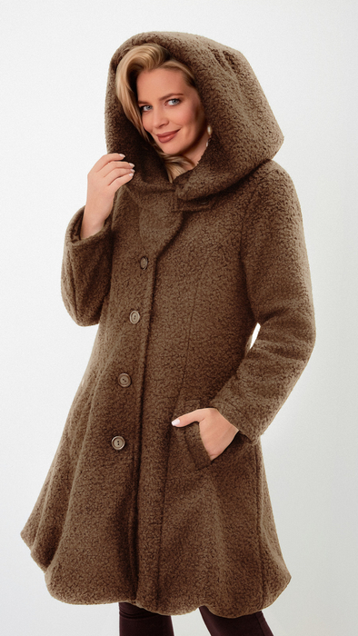 Hellbraune warmer, eleganter Damenmantel mit Kapuze aus Bouclé