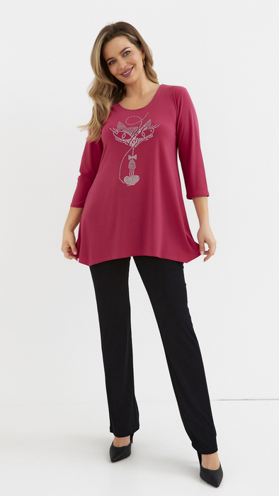 Amarantowa tunika damska luźna bluzka elegancka z aplikacją kot
