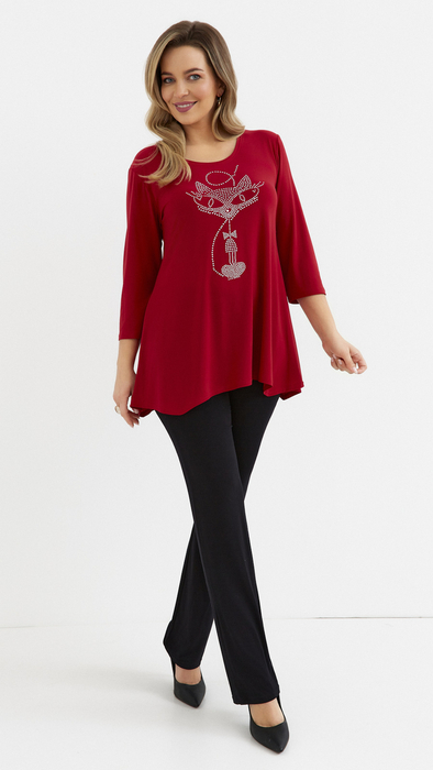 Red women's tunic, loose, elegant blouse with an application cat