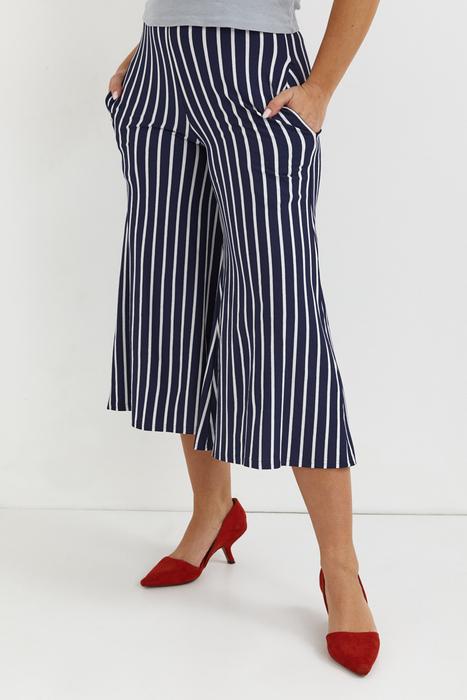 Women's flared trousers, wide, loose trousers with white and navy blue stripes