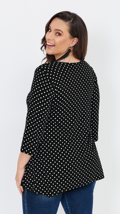 Schwarze Damen Tunika, lose, elegante Bluse mit weißen Tupfen