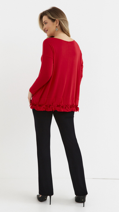 Red women's loose, elegant blouse with an application