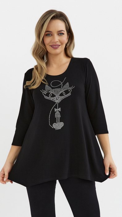 Black women's tunic, loose, elegant blouse with an application cat