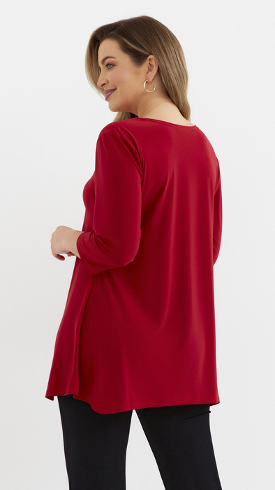 Red women's tunic, loose, elegant blouse with an application cat