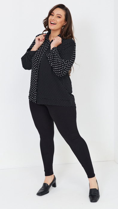 Elegant black shirt blouse with white polka dots