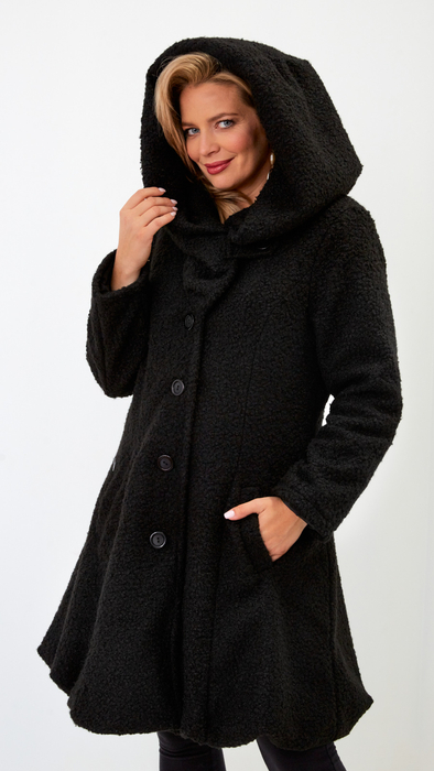 Black warm elegant women's coat with hood Bouclé