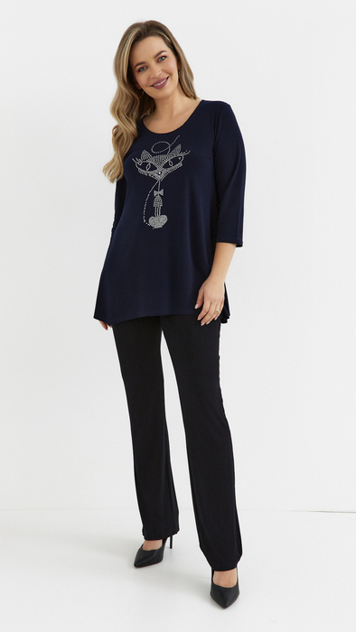 Granatowa tunika damska luźna bluzka elegancka z aplikacją kot