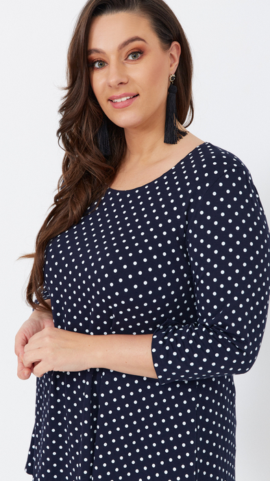 Women's navy blue tunic loose blouse with white polka dots